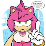  absurd_res accessory amy_rose anthro bracelet breasts cleavage clothed clothing crop_top dialogue female fur gloves green_eyes hair_accessory hairband handwear hi_res jewelry monamania pink_body pink_fur sega shirt solo sonic_the_hedgehog_(series) topwear underwear 