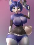  2023 absurd_res anthro big_breasts blue_body blue_fur breasts canid canine clothing female fox fur gun hi_res krystal looking_at_viewer mammal navel_outline nintendo ranged_weapon small_waist star_fox tail thick_thighs v-tal weapon wide_hips 