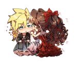  1boy 1girl :3 aerith_gainsborough bare_shoulders blonde_hair blue_eyes blush braid brown_hair chibi clenched_hands cloud_strife crossdressing curly_hair dress final_fantasy final_fantasy_vii final_fantasy_vii_remake flamenco_dress frilled_dress frills full_body grey_dress hair_between_eyes hair_ribbon holding holding_clothes holding_dress kieta long_dress looking_at_another official_alternate_costume parted_bangs ponytail red_dress red_ribbon ribbon spiked_hair strapless strapless_dress sweatdrop transparent_background twin_braids 