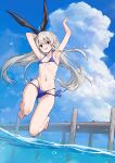  1girl :d armpits barefoot bikini black_hairband blonde_hair blue_bikini blue_eyes blue_sky breasts cloud commentary_request day hairband highres jumping kantai_collection long_hair looking_at_viewer ocean open_mouth outdoors revision shimakaze_(kancolle) side-tie_bikini_bottom sky small_breasts smile solo swimsuit takanashi_kei_(hitsujikan) toes 