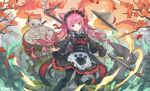  1girl animal_ears apron architecture black_bow black_dress black_pantyhose blunt_bangs bow cat_ears dragon dress east_asian_architecture henzer holding holding_weapon long_hair long_sleeves original pantyhose red_eyes red_hair solo weapon 