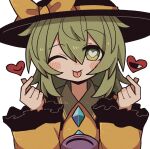  1girl :&gt; ;p black_eyes black_headwear blush bright_pupils buttons closed_mouth collar collared_shirt diamond_(shape) diamond_button double_finger_heart finger_heart frilled_shirt frilled_shirt_collar frilled_sleeves frills green_collar green_eyes green_hair hair_between_eyes hands_up happy hat hat_ornament hat_ribbon heart heart-shaped_pupils jaggy_lines komeiji_koishi long_hair long_sleeves one_eye_closed ribbon shirt simple_background sleeves_past_wrists smile snapping_fingers solo straight-on symbol-shaped_pupils third_eye tongue tongue_out touhou upper_body white_background white_pupils yellow_ribbon yellow_shirt zunusama 