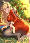  1girl absurdres ass blonde_hair blue_eyes blush braid breasts capelet christmas christmas_tree crown dress feet french_braid fur-trimmed_capelet fur-trimmed_dress fur_trim hair_between_eyes hairband highres kantai_collection large_breasts legs long_hair looking_at_viewer looking_back mini_crown no_shoes osananajimi_neko pantyhose red_capelet santa_costume santa_dress smile solo toes warspite_(kancolle) 