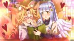  2girls airi_ganguru animal_ear_fluff animal_ears blunt_bangs blush book bookshelf braid closed_eyes copyright_name dairoku_ryouhei facial_mark flower forehead_mark fox_ears grey_hair hair_flower hair_ornament hair_ribbon heart highres indoors jewelry kitsune kyuubi library long_hair long_sleeves mithria_librarian multiple_girls multiple_tails necklace open_book open_mouth parted_bangs pink-framed_eyewear reading red_ribbon ribbon sa2mori2co_(riko) smile sweater tail twin_braids whisker_markings wings yellow_eyes 