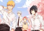  1girl 3boys alternate_universe black_hair blonde_hair blue_eyes commentary facial_mark green_eyes haruno_sakura hatake_kakashi kkkkt long_sleeves looking_at_viewer multiple_boys naruto naruto_(series) naruto_shippuuden no_mask open_mouth pink_hair scar school_uniform shirt short_hair smile spiked_hair team7 uchiha_sasuke uzumaki_naruto whisker_markings white_hair 