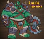  beard clothed clothing eyebrows facial_hair feet green_body green_skin groth_(lustful_desires) hair holding_object holding_weapon humanoid lustful_desires male muscular muscular_humanoid muscular_male nipples not_furry orc solo teeth weapon zoroj 