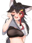  1girl ;d absurdres animal_ears black_hair brown_eyes fang highres hololive lifted_by_self long_hair looking_at_viewer micon one_eye_closed ookami_mio open_mouth simple_background smile solo sweat upper_body virtual_youtuber white_background wolf_ears wolf_girl 