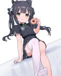 1girl animal_ear_fluff animal_ears black_dress black_hair blue_archive china_dress chinese_clothes doughnut dress feet food green_eyes highres holding legs long_hair looking_at_viewer luckyeldayo no_shoes short_sleeves shun_(blue_archive) shun_(small)_(blue_archive) single_thighhigh sitting smile solo thighhighs thighs tiger_ears tiger_girl twintails white_thighhighs 