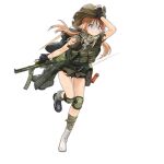  1girl animal_print backpack bag bandaged_leg bandages black_footwear blue_eyes boots brown_hair brown_shirt camouflage cat_print clenched_teeth cowboy_hat dropping f1_(girls&#039;_frontline) f1_(gun) fingerless_gloves firing flashlight full_body girls&#039;_frontline gloves green_footwear griffin_&amp;_kryuger gun hand_on_headwear harness hat highres holding holding_gun holding_weapon keffiyeh kisetsu knee_pads load_bearing_equipment long_hair machete mod3_(girls&#039;_frontline) official_art pouch shirt shoes short_sleeves shovel simple_background single_boot single_shoe socks solo standing standing_on_one_leg submachine_gun sweatdrop tears teeth torn_clothes torn_hat torn_shirt transparent_background trigger_discipline turn_pale twintails two-tone_footwear weapon white_socks 