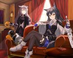  2girls absurdres animal_ear_fluff animal_ears arknights bird black_hair black_jacket black_pantyhose black_vest blue_gloves blue_necktie blue_shorts boots brown_eyes closed_mouth coat coat_on_shoulders couch crossed_legs curtains emperor_penguin fingerless_gloves gloves grey_eyes highres holding holding_sword holding_weapon indoors jacket lappland_(arknights) lappland_(refined_horrormare)_(arknights) long_hair long_sleeves looking_at_viewer multiple_girls necktie official_alternate_costume pantyhose pantyhose_under_shorts penguin phonograph putcho scar scar_across_eye shirt shorts sitting smile sword tail texas_(arknights) texas_the_omertosa_(arknights) the_emperor_(arknights) torn_clothes torn_pantyhose vest weapon white_footwear white_hair white_shirt wolf_ears wolf_girl wolf_tail 