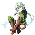  1girl asymmetrical_sleeves black_bow black_gloves boots bow brown_footwear brown_shorts commentary_request dated elf full_body gloves goblin_slayer! green_eyes green_hair grin hair_bow high_elf_archer_(goblin_slayer!) highres kankitukou long_hair looking_at_viewer pointy_ears shorts simple_background smile solo v white_background 