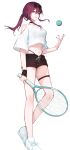  1girl absurdres ball bare_shoulders black_shorts clothing_cutout commentary_request crop_top crop_top_overhang eyewear_on_head highres honkai:_star_rail honkai_(series) k/a kafka_(honkai:_star_rail) long_hair looking_at_viewer midriff navel purple_eyes purple_hair shoes short_shorts shorts shoulder_cutout sidelocks simple_background solo standing stomach sunglasses tennis_ball thigh_strap thighs white_background white_footwear 