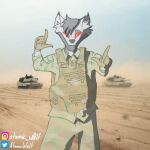  anthro armor_plates army atomicw0lf black_body black_fur black_nose canid canid_demon canine canis clothing demon desert fur hellhound kade male mammal military red_eyes solo wolf 