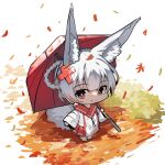  1girl animal_ear_fluff animal_ears autumn_leaves braid chibi closed_mouth commentary_request fox_ears fox_girl fox_tail full_body grey_hair hair_ornament hair_rings highres holding holding_umbrella japanese_clothes kimono leaf long_sleeves looking_at_viewer maple_leaf original pleated_skirt red_eyes red_skirt red_umbrella skirt sleeves_past_wrists smile solo tail umbrella white_background white_kimono wide_sleeves x_hair_ornament yuuji_(yukimimi) 