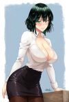  1girl alternate_costume arm_behind_back arm_support artist_name black_pantyhose black_skirt blue_eyes blush breasts cleavage collared_shirt commentary corrupted_twitter_file english_commentary fubuki_(one-punch_man) green_eyes grey_hair grin highres jedbanner large_breasts long_sleeves looking_at_viewer office_lady one-punch_man pantyhose partially_unbuttoned pencil_skirt shirt shirt_tucked_in short_hair skirt smile solo white_shirt 