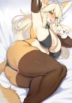  anthro armwear bed bikini bikini_bottom bikini_top blonde_hair blue_eyes breasts canid canine clothing faeki faeki_(character) female fluffy fluffy_tail fox fur furniture hair hi_res kemono legwear mammal nipples on_bed open_mouth solo swimwear tail tongue tongue_out yellow_body yellow_fur 