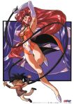  1990s_(style) 1boy 1girl @_@ arm_up armpits bakuretsu_hunters black_hair breasts brooch carrot_glace cleavage coattails copyright elbow_gloves gloves gotou_keiji highres holding holding_whip jewelry logo long_hair navel non-web_source open_mouth pink_hair red_eyes retro_artstyle scan short_hair solo_focus sweatdrop tira_misu very_long_hair white_footwear white_gloves 