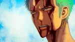  1boy absurdres blood blood_on_face close-up green_hair highres looking_ahead male_focus nok_(nok_1) nosebleed one_piece roronoa_zoro serious short_hair solo veiny_face 