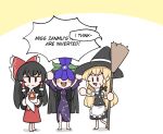  3girls apron ascot barefoot black_hair black_skirt black_vest blonde_hair bow braid broom censoring_text chibi china_dress chinese_clothes covered_eyes detached_sleeves dress english_text flower flower_on_head frilled_bow frilled_hair_tubes frills hair_bow hair_tubes hakurei_reimu hat jitome kirisame_marisa long_hair mata_(matasoup) multiple_girls purple_dress purple_flower red_shirt red_skirt segmented_comic shirt single_braid skirt speech_bubble sweatdrop touhou vest waist_apron white_apron white_background white_sleeves witch_hat yellow_ascot yomotsu_hisami 