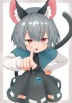  1girl absurdres animal_ears asakura_haru blue_cape cape dress grey_dress grey_hair hand_on_own_hip highres leaning_forward looking_at_viewer mouse_ears mouse_girl mouse_tail nazrin open_mouth pointing pointing_at_viewer red_eyes shirt short_hair solo tail touhou white_background white_shirt 