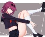  1girl alternate_costume black_footwear black_serafuku black_shirt black_skirt crop_top crop_top_overhang eyewear_on_head from_side grin hand_on_own_ass highres honkai:_star_rail honkai_(series) kafka_(honkai:_star_rail) kneehighs knees_up leg_up loafers long_sleeves looking_at_viewer looking_to_the_side midriff miniskirt navel neckerchief pince-nez pleated_skirt purple_eyes purple_hair round_eyewear sailor_collar school_uniform serafuku shirt shoes skirt smile socks solo stomach sunglasses thighs twomoon white_socks 