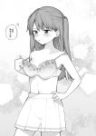  1girl absurdres blush bra bra_pull breasts clothes_pull collarbone commentary_request cowboy_shot greyscale hand_on_own_hip highres long_hair monochrome navel off_shoulder original oversized_breast_cup pleated_skirt pulled_by_self skirt small_breasts solo speech_bubble standing toru_nagase translation_request twintails underwear 