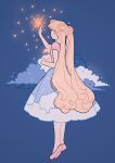  1girl bishoujo_senshi_sailor_moon blonde_hair blue_background cloud crescent_moon double_bun facing_away full_body hair_bun highres long_hair meyoco moon pink_footwear pink_shirt shirt shoes short_sleeves simple_background solo sparkle tsukino_usagi twintails very_long_hair 