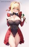  1girl ahoge ai-assisted aztodio black_leotard blonde_hair blush breasts cameltoe cleavage covered_navel covered_nipples fate/extra fate_(series) flower gradient_background green_eyes hair_intakes highleg highleg_leotard holding holding_flower large_breasts leotard long_sleeves looking_at_viewer nero_claudius_(fate) nero_claudius_(fate/extra) parted_lips rose simple_background smile thighs 