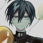  1boy ahoge balloon black_hair brown_eyes buttons closed_mouth danganronpa_(series) danganronpa_v3:_killing_harmony double-breasted grey_background haji_(hajimaji) portrait saihara_shuichi short_hair simple_background solo unamused 