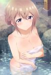  1girl absurdres breasts brown_hair cleavage highres large_breasts looking_at_viewer magazine_scan megami_magazine naked_towel non-web_source official_art onsen partially_submerged scan smile towel water wet 