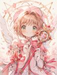  1girl ai-generated antenna_hair blush brown_hair cardcaptor_sakura dress gloves green_eyes hair_ornament hat highres holding holding_wand hoshi_no_tsue kinomoto_sakura looking_at_viewer magical_girl open_mouth short_hair smile solo star_wand tarte_(hodarake) wand white_gloves wings 