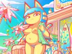  animal_crossing ankha_(animal_crossing) anthro beach belly bikini bikini_bottom breasts clothed clothing domestic_cat felid feline felis female frown hi_res looking_at_viewer mammal nintendo palm_tree plant seaside solo swimwear tophatmahoney topless tree 