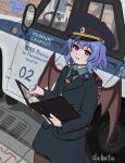  2girls absurdres artist_name bat_wings blue_hair blue_shirt car cirno drain_(object) duhota fang folder formal fumo_(doll) hat highres iosys_parody izayoi_sakuya looking_at_viewer motor_vehicle multiple_girls necktie pavement peaked_cap pen pencil_skirt pocket_watch police police_badge police_car police_hat police_uniform policewoman red_eyes remilia_scarlet rumia russian_text shirt short_hair skirt slit_pupils suit tie_clip touhou translated uniform watch wings 