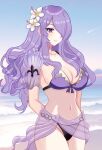  1girl absurdres arms_behind_back bikini breasts camilla_(fire_emblem) collarbone fire_emblem fire_emblem_fates fire_emblem_heroes flower hair_flower hair_ornament hair_over_one_eye highres large_breasts long_hair looking_at_viewer n_54 navel official_alternate_costume purple_bikini purple_eyes purple_hair sarong see-through_sarong sinmo_(dolomang) smile swimsuit wavy_hair 
