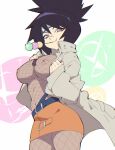  1girl aetherion belt black_hair breasts coat dango food hair_between_eyes highres mitarashi_anko naruto naruto_(series) navel nipples open_clothes open_coat orange_skirt skirt solo wagashi 