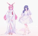  2girls animal_ears blue_eyes blue_hair commentary crossed_legs curtsey dress flat_chest fu_hua hair_ornament high_heels highres honkai_(series) honkai_impact_3rd japanese_clothes jubeol126 kimono long_hair medium_dress multiple_girls off-shoulder_dress off_shoulder pink_hair platform_footwear purple_eyes rabbit_ears robe sandals short_kimono single_sidelock skirt_hold symbol-only_commentary white_dress white_kimono white_robe white_veil wide_sleeves yae_sakura 