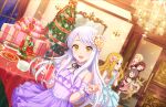  +_+ 5girls armband blitzen blonde_hair blue_dress blush brown_hair chandelier christmas_tree clarice_(idolmaster) closed_eyes cup dress drink eve_santaclaus flower gift glass hair_flower hair_ornament holding holding_cup idolmaster idolmaster_cinderella_girls imura_setsuna long_hair multiple_girls neck_ribbon nose_bubble official_art open_door open_mouth pinecone pink_dress plate poinsettia purple_dress red_hair reindeer ribbon senkawa_chihiro snack tongs white_hair yellow_eyes 