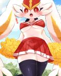  2023 anthro big_breasts blush bottomwear breasts cheerleader clothed clothing exclamation_point female fur gigantamax_cinderace gigantamax_pokemon hi_res legwear nintendo pokemon pokemon_(species) prrrrrrmine skirt solo white_body white_fur 