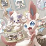  alcremie blue_eyes chair cup cupcake fang food gothita gothorita hand_up highres holding holding_tray indoors macaron open_mouth picture_frame pokemon pokemon_(creature) purple_eyes ribbon sasabunecafe striped sylveon teacup teapot tiered_tray tray twitter_username vertical_stripes 