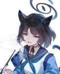  1girl animal_ears black_eyes black_hair black_nails black_sailor_collar blue_archive blue_halo blue_neckerchief cat_ears cat_tail fingernails frown halo haori highres holding japanese_clothes kikyou_(blue_archive) looking_at_viewer nail_polish neckerchief open_mouth reeh_(yukuri130) sailor_collar short_hair simple_background solo tail upper_body white_background 