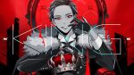  1boy bangs_pinned_back cape collared_shirt crown fang finger_in_own_mouth fur-trimmed_cape fur_trim gloves hair_slicked_back hand_up jacket king_(vocaloid) koga_act_(vtuber) lapel_pin limited_palette looking_at_viewer monochrome red_eyes red_theme shirt short_hair smile solo song_name suit throne upper_body virtual_youtuber yori_(ito_haruki) 