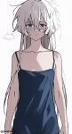 1girl arms_at_sides bare_shoulders blue_shirt closed_mouth collarbone grey_eyes grey_hair gundam gundam_suisei_no_majo hair_between_eyes long_hair looking_at_viewer messy_hair miorine_rembran official_alternate_costume planetzer_0 shirt simple_background sleeveless sleeveless_shirt solo spaghetti_strap tears upper_body white_background 