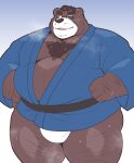  12beat13 2023 absurd_res anthro asian_clothing bear belly big_belly bodily_fluids brown_body bulge clothing east_asian_clothing eyewear fundoshi glasses hi_res humanoid_hands japanese_clothing kemono male mammal mature_male moobs musk one_eye_closed overweight overweight_male solo sweat underwear white_clothing white_fundoshi white_underwear wink 