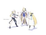  2girls ahoge artoria_caster_(fate) artoria_caster_(swimsuit)_(fate) artoria_pendragon_(fate) black_bow black_fur black_pants black_pantyhose blue_bow blue_ribbon bow cape faceless fate/grand_order fate_(series) fur_trim hair_bow highres house_tag_denim jacket long_hair long_sleeves marvel meme multiple_girls pants pantyhose ribbon spider-man_(series) swimsuit tonelico_(fate) twintails white_cape white_footwear white_jacket 