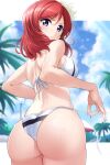  1girl absurdres ass ass_visible_through_thighs back bikini blush breasts closed_mouth commentary_request cowboy_shot flower from_behind glaring hair_flower hair_ornament halterneck highres kirisaki_reina looking_at_viewer looking_back love_live! love_live!_school_idol_project median_furrow medium_breasts medium_hair nishikino_maki outdoors purple_eyes red_hair shiny_skin shoulder_blades side-tie_bikini_bottom solo standing string_bikini striped striped_bikini swimsuit untied_bikini v-shaped_eyebrows wet white_bikini 