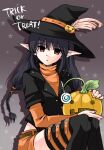  1girl :| belt belt_buckle black_hair black_headwear black_jacket black_thighhighs buckle candy closed_mouth drop_shadow elf empty_eyes food gradient_background halloween hat hat_feather jack-o&#039;-lantern jack-o&#039;-lantern_hat_ornament jacket koshikawa_guu leg_belt lollipop long_sleeves looking_at_viewer mabinogi orange_belt orange_shirt orange_shorts pointy_ears pumpkin red_eyes shirt short_sleeves shorts solo star_(symbol) swirl_lollipop thighhighs trick_or_treat turtleneck witch_hat yvona_(mabinogi) zettai_ryouiki 