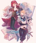  2boys absurdres animal_on_shoulder baggy_pants belt black_footwear blonde_hair blue_eyes blue_flower blue_rose book boots bow bowtie cane cloak ferret flower full_body gun hair_between_eyes hanasaki_miyabi hand_in_own_hair hat highres hiyamaru holding holding_cane holding_gun holding_weapon holostars hood hood_up hooded_cloak kishido_temma looking_at_viewer male_focus mini_hat mini_top_hat multiple_boys open_book pants petticoat puffy_sleeves red_cloak red_flower red_hair red_rose ribbon rose shirt short_hair smile standing tailcoat top_hat virtual_youtuber weapon white_background white_shirt yellow_eyes yuu5078 