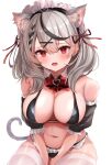  1girl absurdres ana_(vvvvor) animal_ear_fluff animal_ears bare_shoulders black_hair blush bow bowtie breasts cat_ears cat_girl cat_tail cleavage detached_collar ear_piercing fang grey_hair hair_ornament highres hololive large_breasts looking_at_viewer medium_hair multicolored_hair navel open_mouth piercing plaid plaid_bow plaid_bowtie red_bow red_bowtie red_eyes sakamata_chloe solo streaked_hair swimsuit tail thighhighs virtual_youtuber white_background white_thighhighs x_hair_ornament 