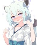  1girl :d absurdres animal_ear_fluff animal_ears aqua_hair bath_yukata blue_archive choko_(cup) collarbone commentary_request cup extra_ears fox_ears fox_girl fox_tail hair_between_eyes halo highres holding holding_cup japanese_clothes kimono long_sleeves looking_at_viewer low_twintails medium_hair official_alternate_costume official_alternate_hairstyle purple_eyes shigure_(blue_archive) shigure_(hot_spring)_(blue_archive) sidelocks simple_background smile solo tail twintails upper_body white_background wide_sleeves yukata yukisiannn 