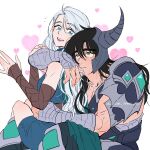  1boy 1girl ashe_(league_of_legends) bare_shoulders black_hair black_pants blue_dress blue_eyes breasts brown_gloves collarbone couple dress fake_horns fingerless_gloves gem gloves hair_between_eyes heart helmet highres horned_helmet horns large_breasts league_of_legends long_hair looking_at_another mag_cora_imparo muscular muscular_male pants pink_lips shoulder_plates sitting smile tryndamere white_background white_hair 